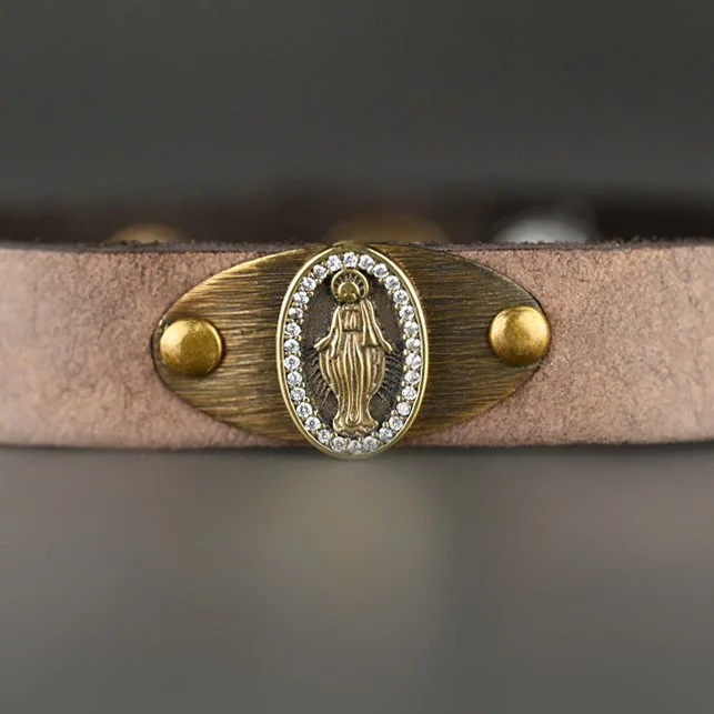 Virgin Mary Leather Stacker Cuff w/ Delicate Crystals — KBD Studio